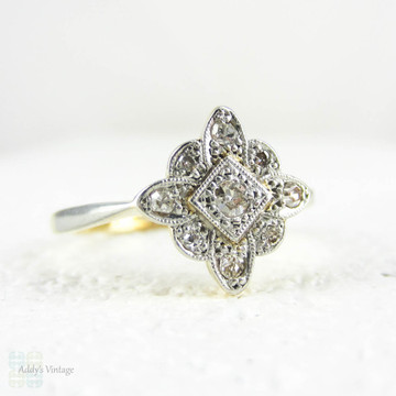Art Deco Diamond Engagement Ring. Square Shaped, Milgrain Lined, Scallop Edge Cluster Ring in Yellow Gold & Platinum, Circa 1920s.