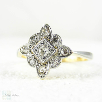 Art Deco Diamond Engagement Ring. Square Shaped, Milgrain Lined, Scallop Edge Cluster Ring in Yellow Gold & Platinum, Circa 1920s.