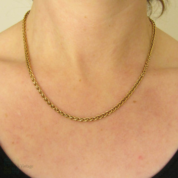 Antique Yellow Gold Chain, Heavy 9 Carat Woven Wheat Link Style Chain Necklace. Early 20th Century, 46.5 cm / 18.3 inches, 7.3 grams.