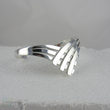 Striking Sterling Silver Cuff Bracelet with Curved Split Design. Shiny Bright Silver Vintage Bracelet.