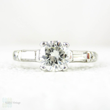 Vintage Diamond Engagement Ring, Early Round Brilliant Cut Diamond & Straight Baguettes. Stamped Platinum Setting, 1 ctw, Circa 1930s.