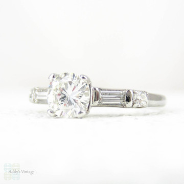Vintage Diamond Engagement Ring, Early Round Brilliant Cut Diamond & Straight Baguettes. Stamped Platinum Setting, 1 ctw, Circa 1930s.