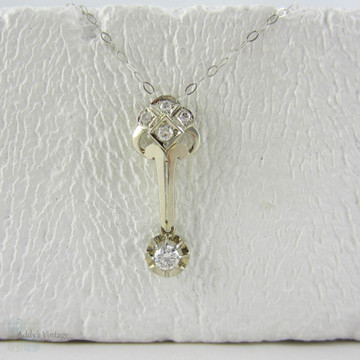 Art Deco Diamond Pendant. Fench Geometric Design White Gold Diamond Necklace, Circa 1920s.