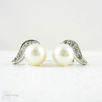 SALE Vintage Pearl & Diamond Earrings in Platinum. Winged Design Diamond Stud Earrings with Cultured Pearls in Platinum Screw Back Settings.