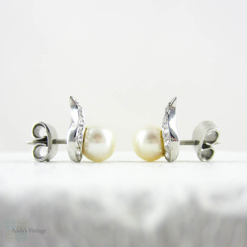 SALE Vintage Pearl & Diamond Earrings in Platinum. Winged Design Diamond Stud Earrings with Cultured Pearls in Platinum Screw Back Settings.