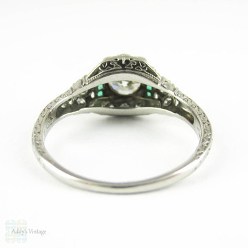 Diamond & Emerald Engagement Ring, Edwardian Platinum Filigree with Old European & French Cut Gemstones. Circa 1910s.