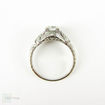 Diamond & Emerald Engagement Ring, Edwardian Platinum Filigree with Old European & French Cut Gemstones. Circa 1910s.