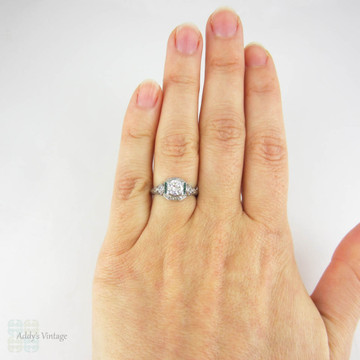 Diamond & Emerald Engagement Ring, Edwardian Platinum Filigree with Old European & French Cut Gemstones. Circa 1910s.