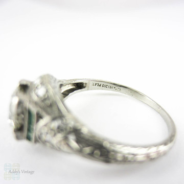 Diamond & Emerald Engagement Ring, Edwardian Platinum Filigree with Old European & French Cut Gemstones. Circa 1910s.