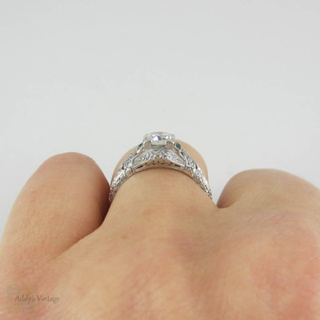 Diamond & Emerald Engagement Ring, Edwardian Platinum Filigree with Old European & French Cut Gemstones. Circa 1910s.