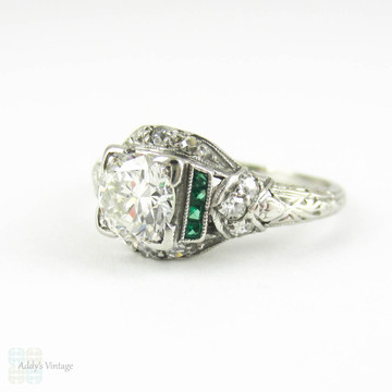 Diamond & Emerald Engagement Ring, Edwardian Platinum Filigree with Old European & French Cut Gemstones. Circa 1910s.