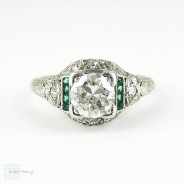 Diamond & Emerald Engagement Ring, Edwardian Platinum Filigree with Old European & French Cut Gemstones. Circa 1910s.