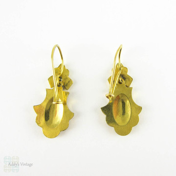 Victorian Memorial Earrings, Antique 18 Carat Gold Filled Earrings with Black Enamel. Textured Detail Dangle Earrings, Circa 1870s.
