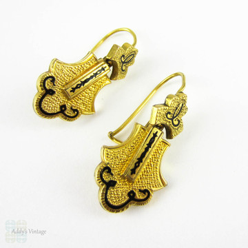Victorian Memorial Earrings, Antique 18 Carat Gold Filled Earrings with Black Enamel. Textured Detail Dangle Earrings, Circa 1870s.