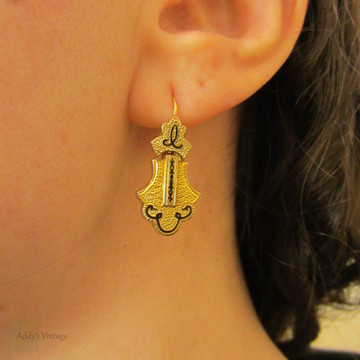 Victorian Memorial Earrings, Antique 18 Carat Gold Filled Earrings with Black Enamel. Textured Detail Dangle Earrings, Circa 1870s.