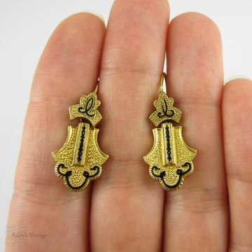 Victorian Memorial Earrings, Antique 18 Carat Gold Filled Earrings with Black Enamel. Textured Detail Dangle Earrings, Circa 1870s.