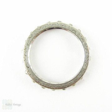 Antique Platinum Diamond Eternity Ring, Old Mine Cut Diamond Full Hoop Wedding or Anniversary Ring, Engraved Sides. Circa 1900s, Size L.25 / 6.