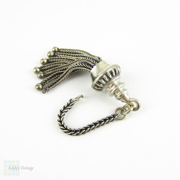 Victorian Sterling Silver Tassel Charm. Antique Floral Design 7 Strand Tassel for Watch Fob or Pendant, Ridged Line Pattern, 1900s.