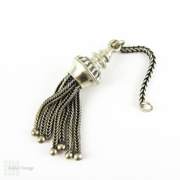 Victorian Sterling Silver Tassel Charm. Antique Floral Design 7 Strand Tassel for Watch Fob or Pendant, Ridged Line Pattern, 1900s.