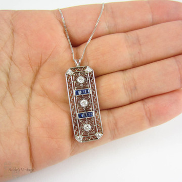 Diamond & Sapphire Art Deco Pendant. Geometric Filigree Rectangle Pendant. Old Cut Diamonds & Blue Carre Cut Sapphires, 18ct & Platinum.