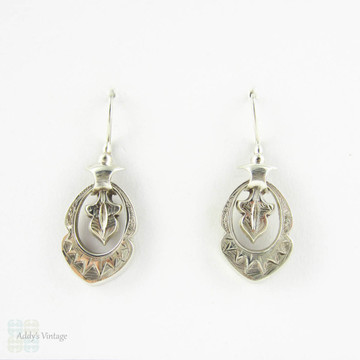 Victorian Aesthetic Movement Earrings, Antique Sterling Silver Geometric Design Dangle Earrings with Moveable Drops, Circa 1880s.