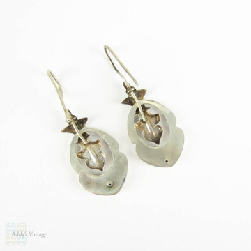 Victorian Aesthetic Movement Earrings, Antique Sterling Silver Geometric Design Dangle Earrings with Moveable Drops, Circa 1880s.