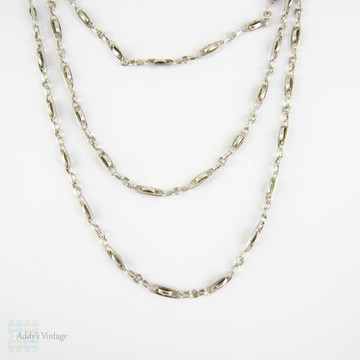 Antique French Long Guard Chain, Sterling Silver Fancy Link Chain Necklace with Oval Shaped Links, 140 cm / 55 inches, heavy 33.4 grams. 