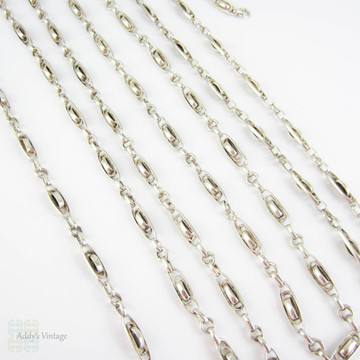 Antique French Long Guard Chain, Sterling Silver Fancy Link Chain Necklace with Oval Shaped Links, 140 cm / 55 inches, heavy 33.4 grams. 