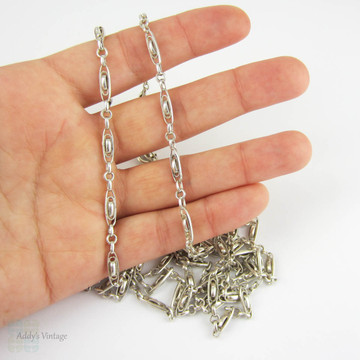 Antique French Long Guard Chain, Sterling Silver Fancy Link Chain Necklace with Oval Shaped Links, 140 cm / 55 inches, heavy 33.4 grams. 