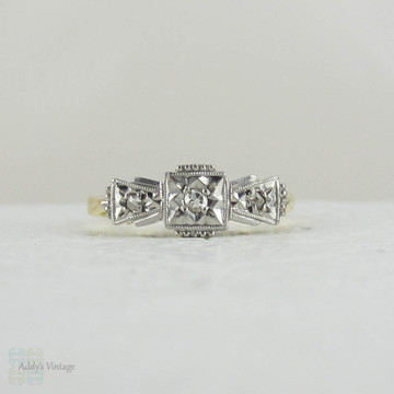 Art Deco Diamond Engagement Ring. Vintage Ornately Engraved Geometric Diamond Trilogy Ring in Yellow Gold with Platinum Top, Small Size.