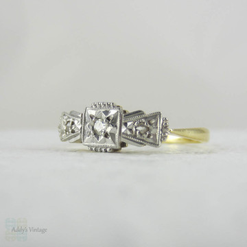 Art Deco Diamond Engagement Ring. Vintage Ornately Engraved Geometric Diamond Trilogy Ring in Yellow Gold with Platinum Top, Small Size.