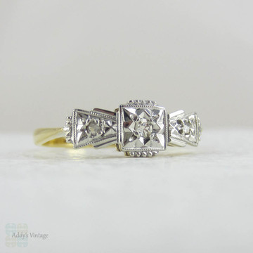 Art Deco Diamond Engagement Ring. Vintage Ornately Engraved Geometric Diamond Trilogy Ring in Yellow Gold with Platinum Top, Small Size.