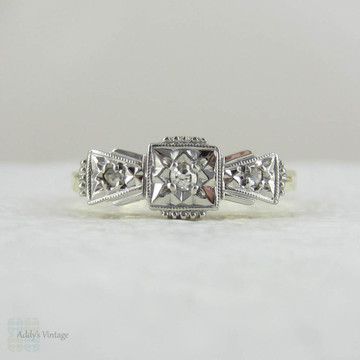 Art Deco Diamond Engagement Ring. Vintage Ornately Engraved Geometric Diamond Trilogy Ring in Yellow Gold with Platinum Top, Small Size.