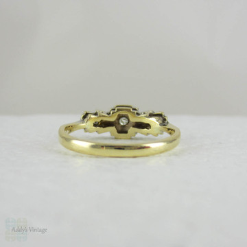 Art Deco Diamond Engagement Ring. Vintage Ornately Engraved Geometric Diamond Trilogy Ring in Yellow Gold with Platinum Top, Small Size.