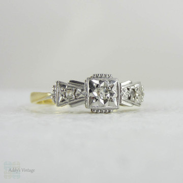 Art Deco Diamond Engagement Ring. Vintage Ornately Engraved Geometric Diamond Trilogy Ring in Yellow Gold with Platinum Top, Small Size.