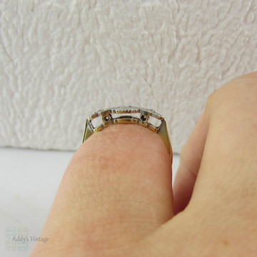 Art Deco Diamond Engagement Ring. Vintage Ornately Engraved Geometric Diamond Trilogy Ring in Yellow Gold with Platinum Top, Small Size.