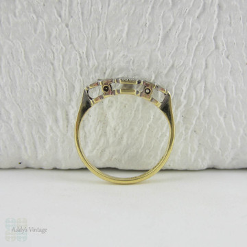 Art Deco Diamond Engagement Ring. Vintage Ornately Engraved Geometric Diamond Trilogy Ring in Yellow Gold with Platinum Top, Small Size.