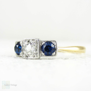 Old European Diamond & Blue Sapphire Engagement Ring, Art Deco Three Stone Trilogy Ring, 0.52 ctw. Circa 1920s, 18ct & Platinum.