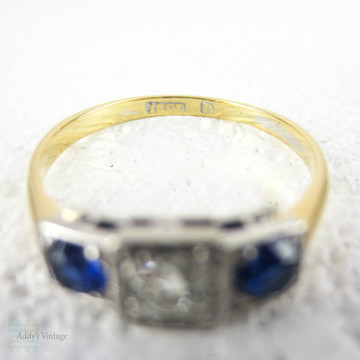 Old European Diamond & Blue Sapphire Engagement Ring, Art Deco Three Stone Trilogy Ring, 0.52 ctw. Circa 1920s, 18ct & Platinum.