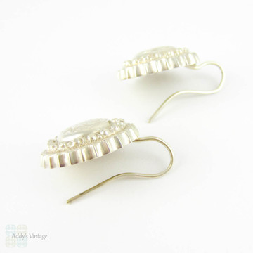Victorian Sterling Silver Earrings, Engraved Button to Drop Earring Conversion. Hand Engraved Ivy Leaf & Beaded Design, Circa 1880s.