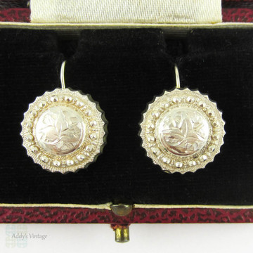 Victorian Sterling Silver Earrings, Engraved Button to Drop Earring Conversion. Hand Engraved Ivy Leaf & Beaded Design, Circa 1880s.