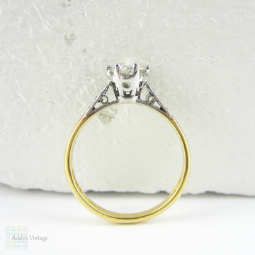 Vintage Mid Century Diamond Engagement Ring, Round Brilliant Cut, 0.68 ctw Classic Yellow Gold & Platinum Single Stone Ring, Circa 1960s.