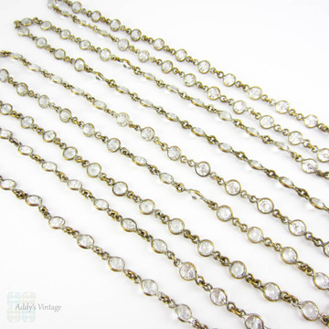 Antique Paste & Brass Long Guard Chain. Flapper Era Necklace, Clear Glass Pointed Back Paste in Open Bezel Settings, 143 cm / 56.3 inches.