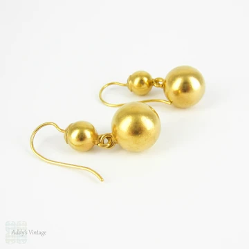 Antique Victorian Gilt Earring, Graduated Double Ball Drop Earrings in 22 Carat Gilt Metal. Late Victorian Dangle Earrings.