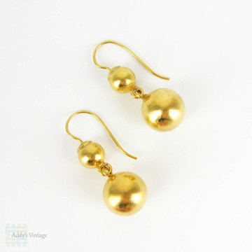 Antique Victorian Gilt Earring, Graduated Double Ball Drop Earrings in 22 Carat Gilt Metal. Late Victorian Dangle Earrings.