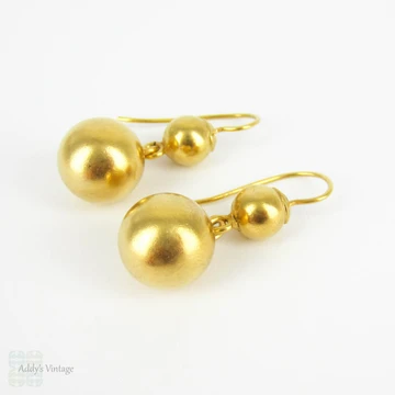 Antique Victorian Gilt Earring, Graduated Double Ball Drop Earrings in 22 Carat Gilt Metal. Late Victorian Dangle Earrings.