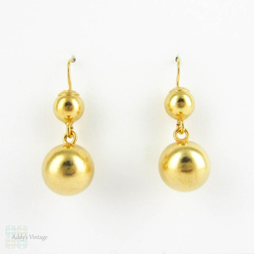 Antique Victorian Gilt Earring, Graduated Double Ball Drop Earrings in 22 Carat Gilt Metal. Late Victorian Dangle Earrings.