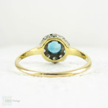 Vintage 1940s Blue Zircon Ring with Diamond Halo, Retro Blue Zircon & Diamond Cluster Ring in 18 Carat Yellow Gold.