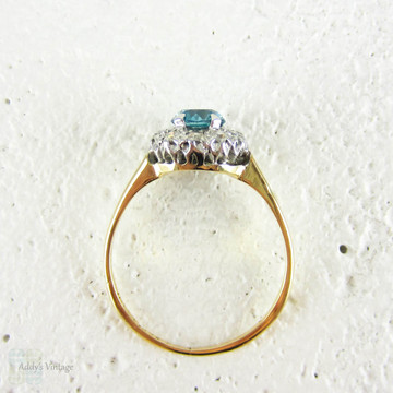 Vintage 1940s Blue Zircon Ring with Diamond Halo, Retro Blue Zircon & Diamond Cluster Ring in 18 Carat Yellow Gold.