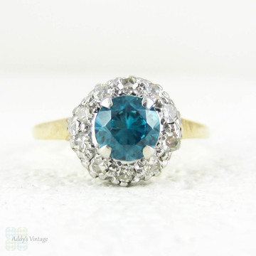 Vintage 1940s Blue Zircon Ring with Diamond Halo, Retro Blue Zircon & Diamond Cluster Ring in 18 Carat Yellow Gold.